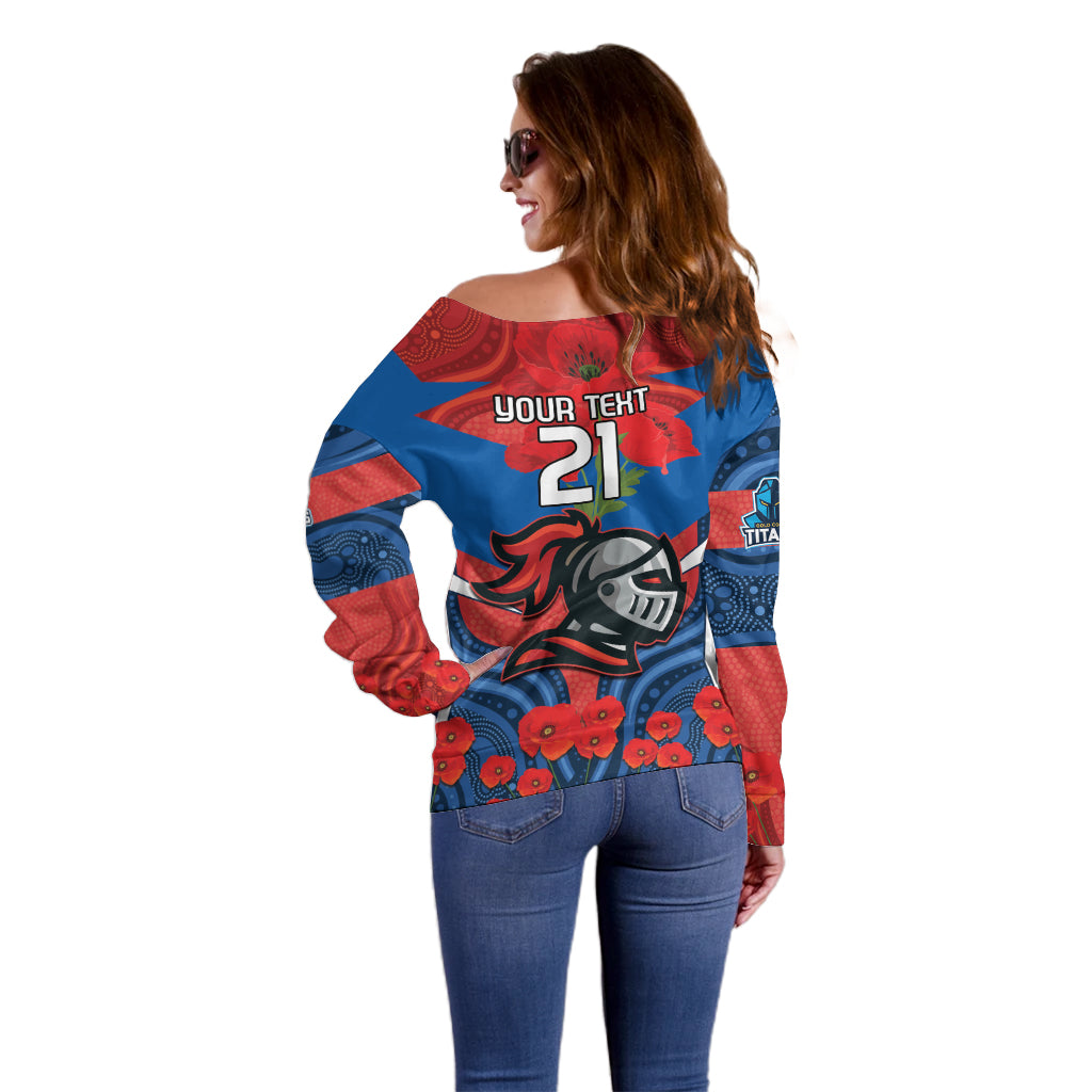 Custom Knights Rugby ANZAC Off Shoulder Sweater Novocastrians Gallipoli Soldier With Aboriginal Art