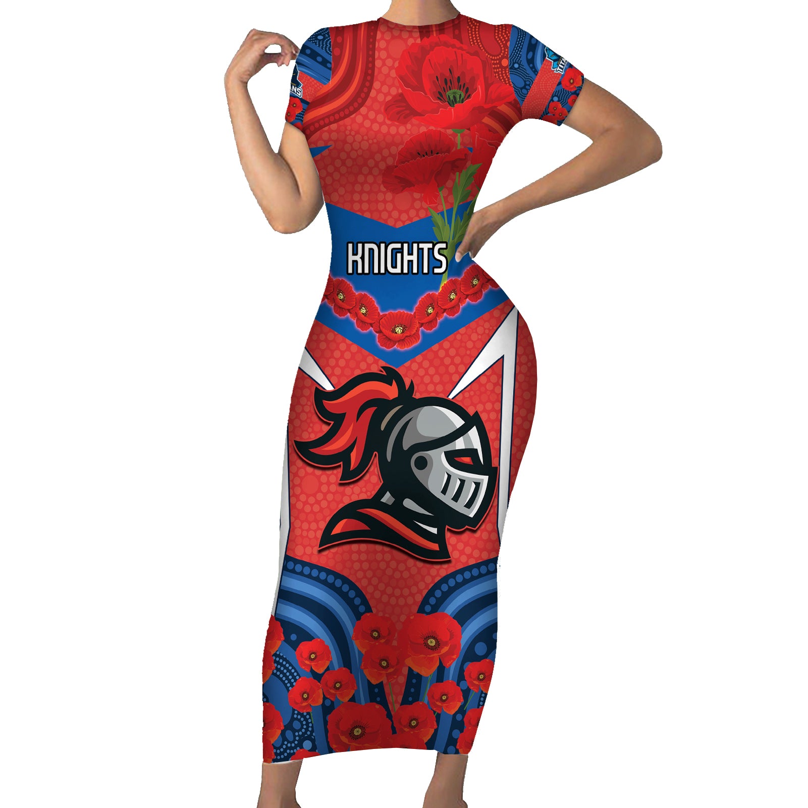 Custom Knights Rugby ANZAC Short Sleeve Bodycon Dress Novocastrians Gallipoli Soldier With Aboriginal Art