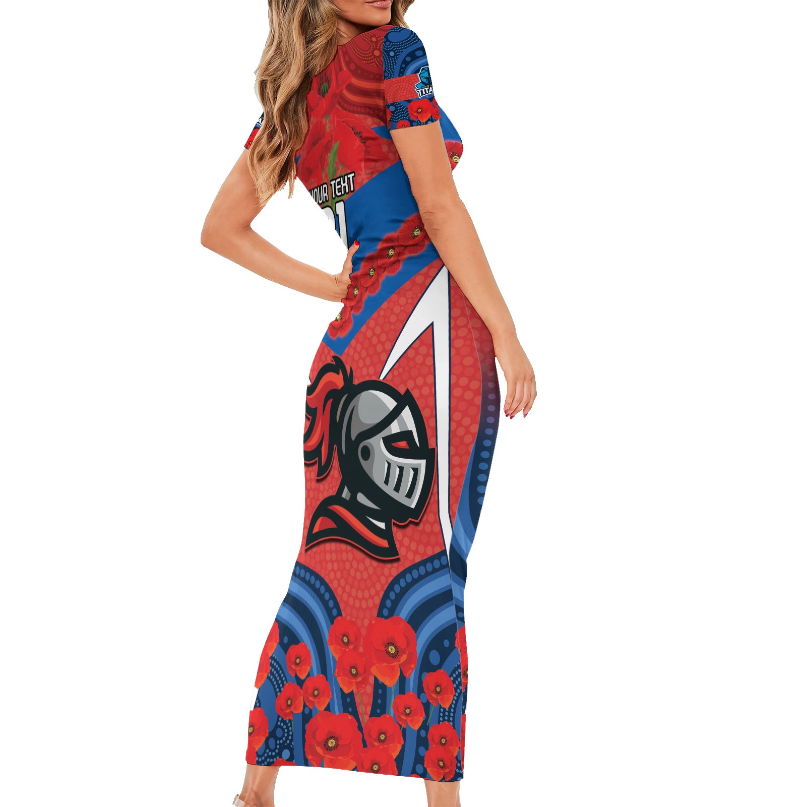 Custom Knights Rugby ANZAC Short Sleeve Bodycon Dress Novocastrians Gallipoli Soldier With Aboriginal Art