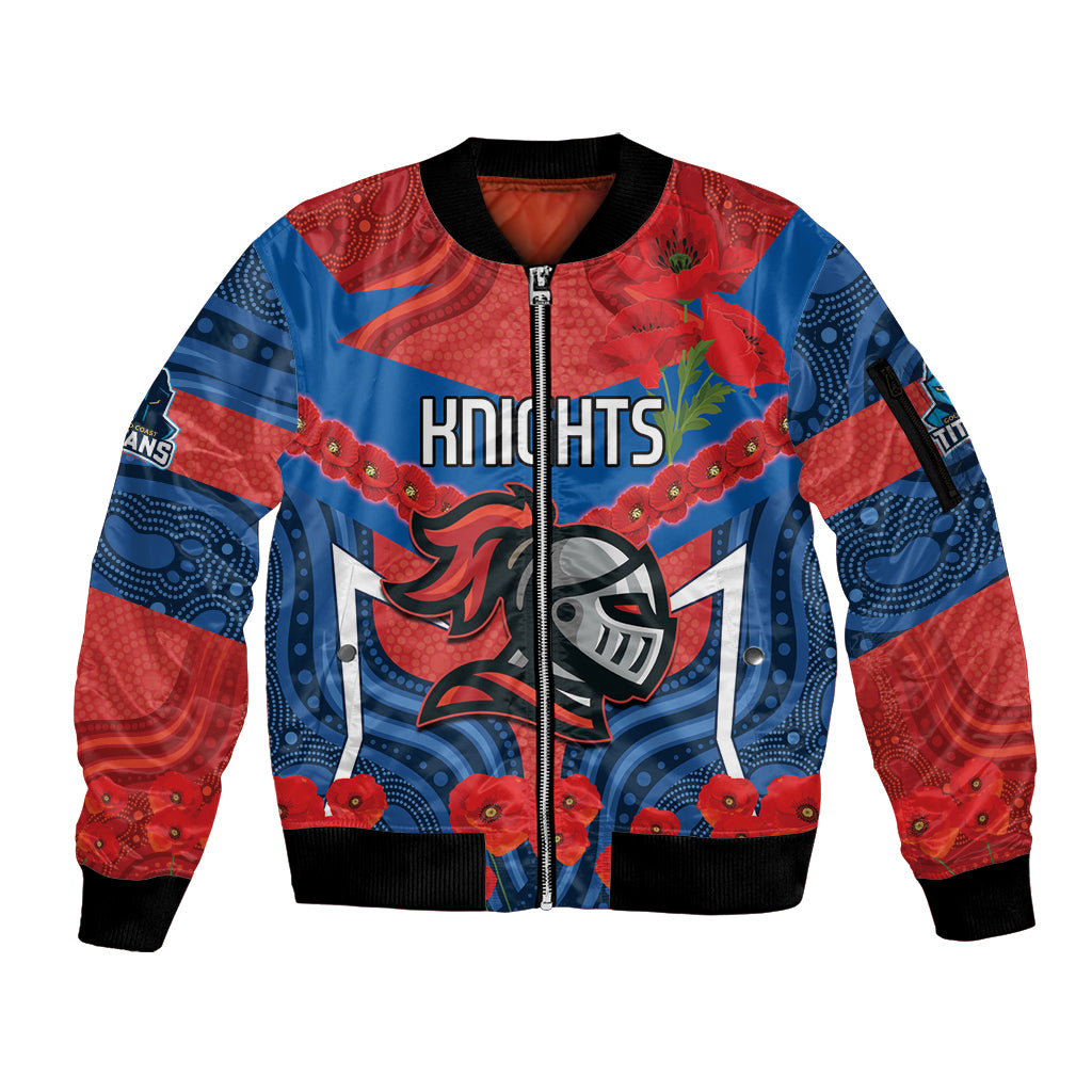 Custom Knights Rugby ANZAC Sleeve Zip Bomber Jacket Novocastrians Gallipoli Soldier With Aboriginal Art