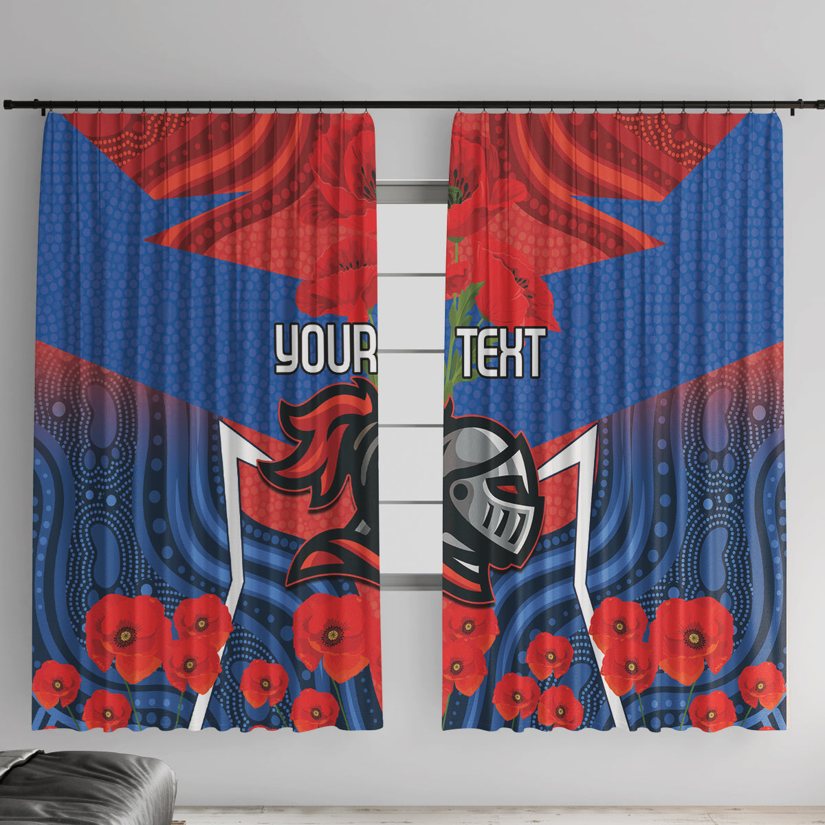 Custom Knights Rugby ANZAC Window Curtain Novocastrians Gallipoli Soldier With Aboriginal Art