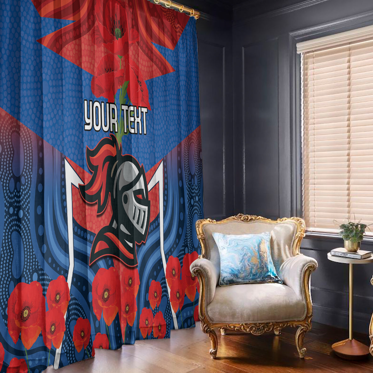 Custom Knights Rugby ANZAC Window Curtain Novocastrians Gallipoli Soldier With Aboriginal Art