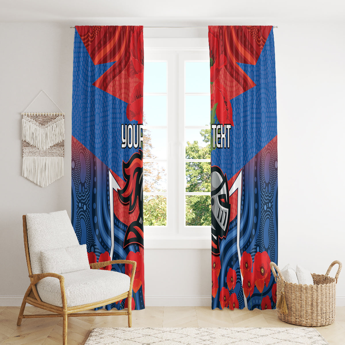 Custom Knights Rugby ANZAC Window Curtain Novocastrians Gallipoli Soldier With Aboriginal Art