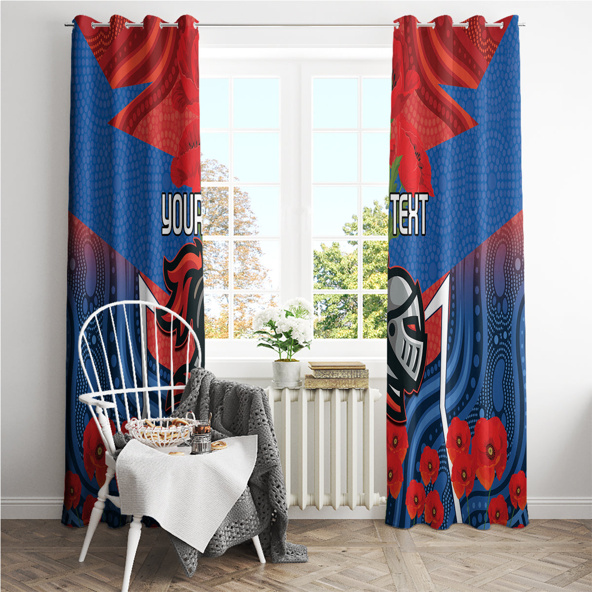 Custom Knights Rugby ANZAC Window Curtain Novocastrians Gallipoli Soldier With Aboriginal Art