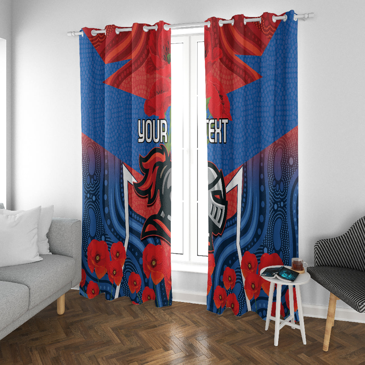 Custom Knights Rugby ANZAC Window Curtain Novocastrians Gallipoli Soldier With Aboriginal Art