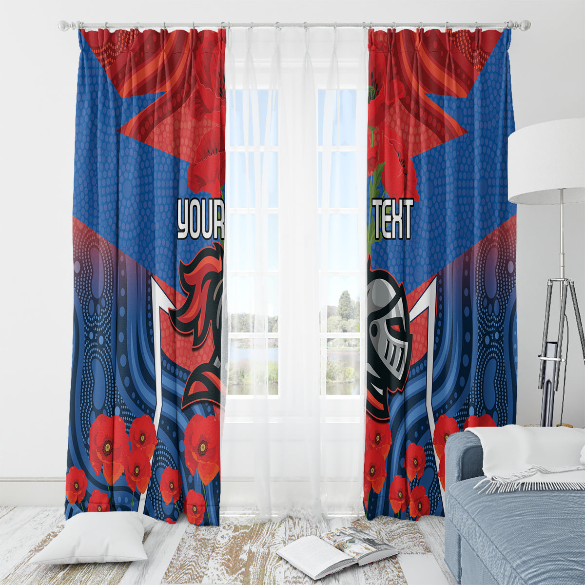 Custom Knights Rugby ANZAC Window Curtain Novocastrians Gallipoli Soldier With Aboriginal Art