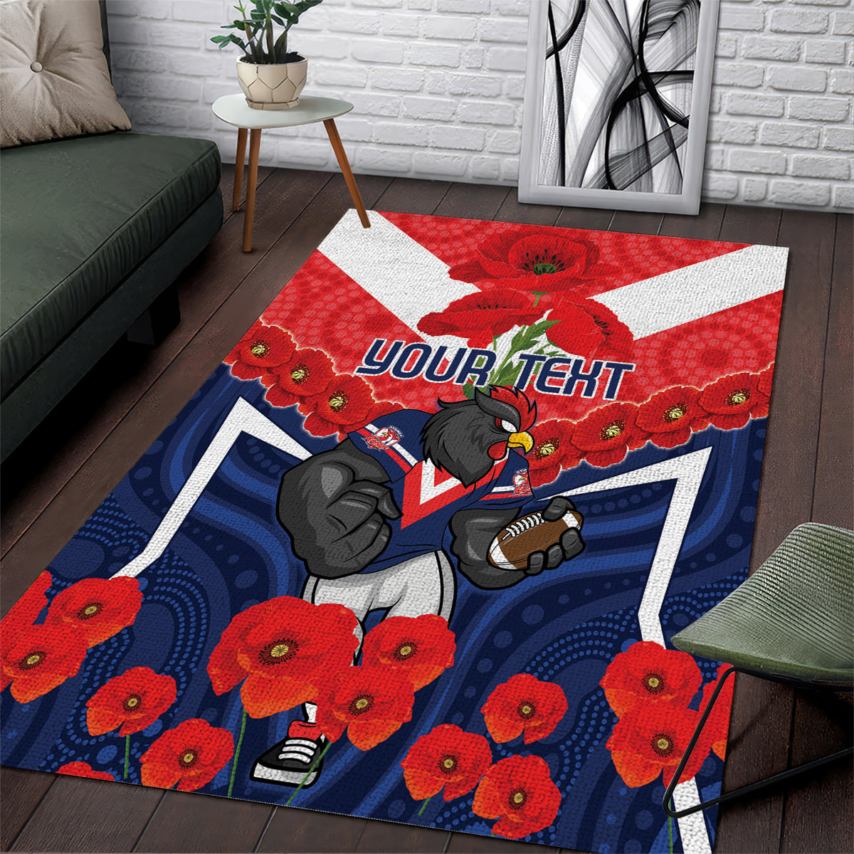 Custom Roosters Rugby ANZAC Area Rug Sydney Gallipoli Soldier With Aboriginal Art