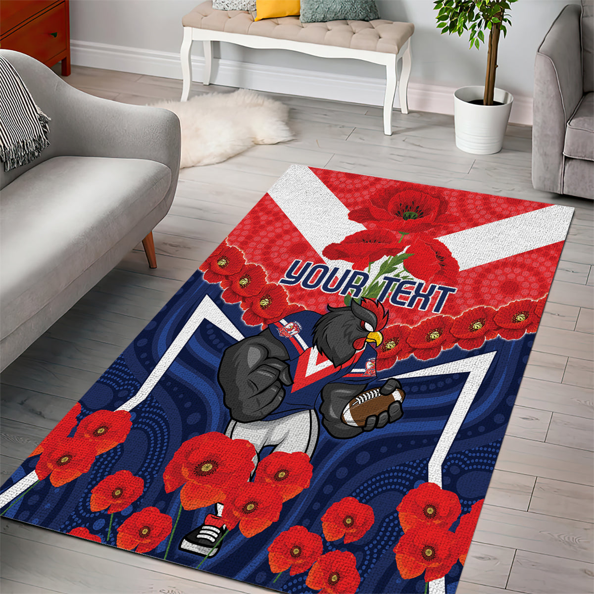 Custom Roosters Rugby ANZAC Area Rug Sydney Gallipoli Soldier With Aboriginal Art