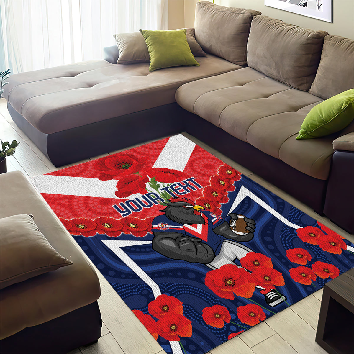 Custom Roosters Rugby ANZAC Area Rug Sydney Gallipoli Soldier With Aboriginal Art