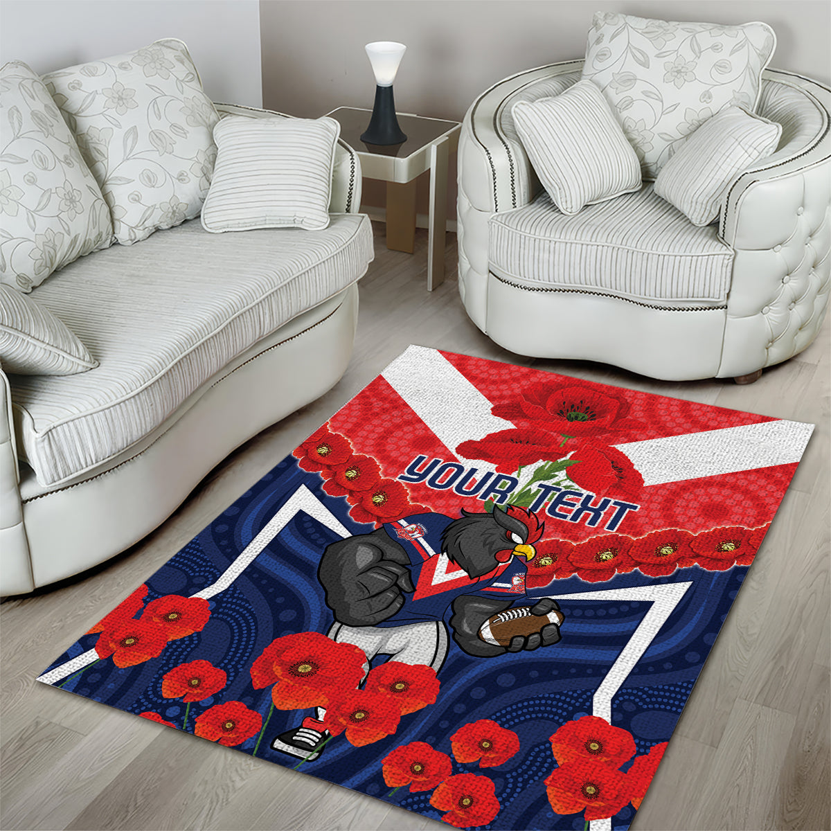 Custom Roosters Rugby ANZAC Area Rug Sydney Gallipoli Soldier With Aboriginal Art