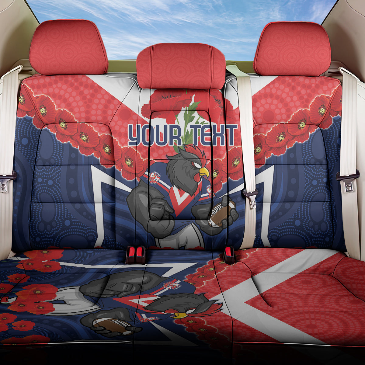 Custom Roosters Rugby ANZAC Back Car Seat Cover Sydney Gallipoli Soldier With Aboriginal Art