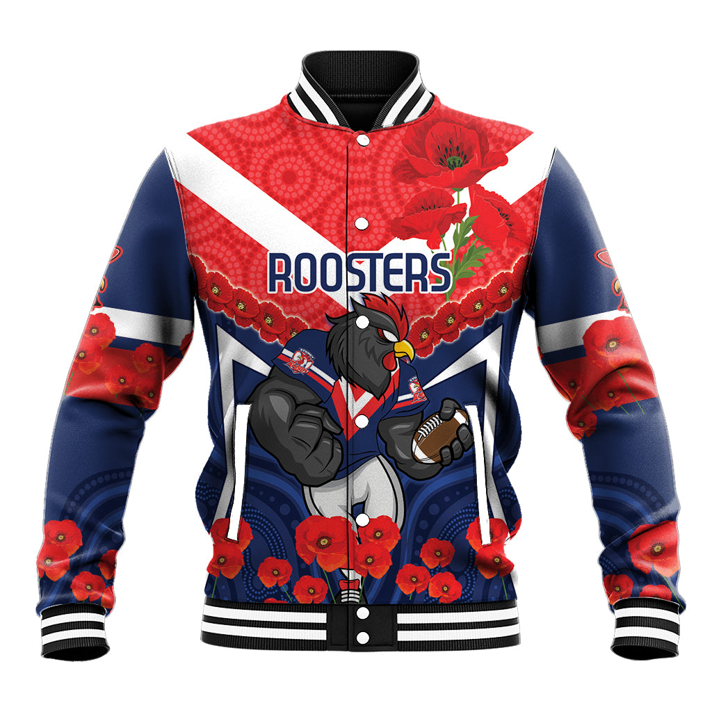 Custom Roosters Rugby ANZAC Baseball Jacket Sydney Gallipoli Soldier With Aboriginal Art