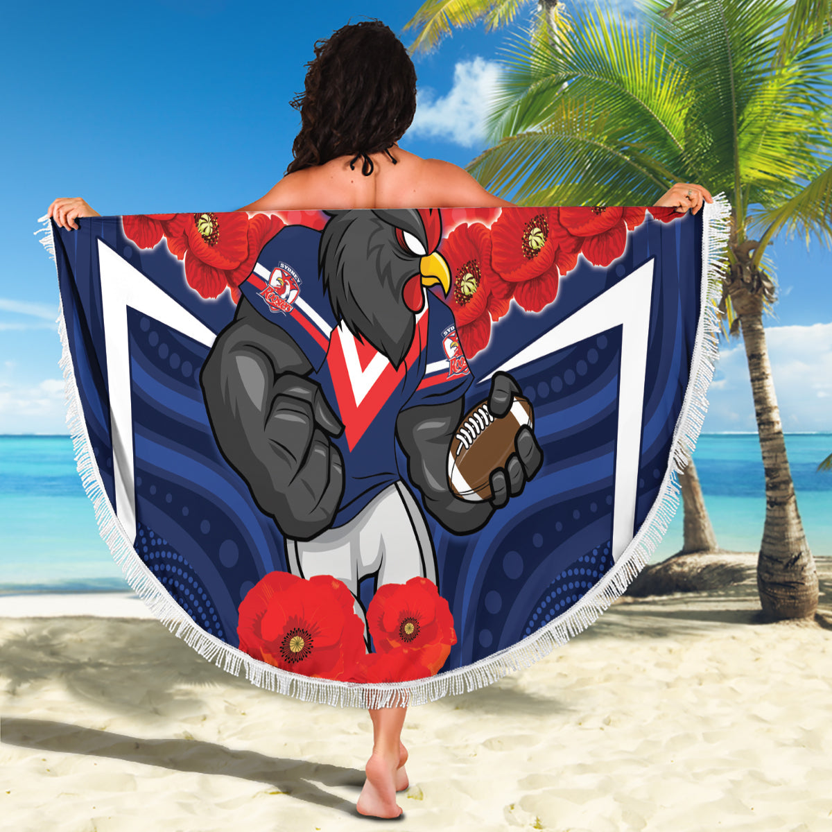 Custom Roosters Rugby ANZAC Beach Blanket Sydney Gallipoli Soldier With Aboriginal Art