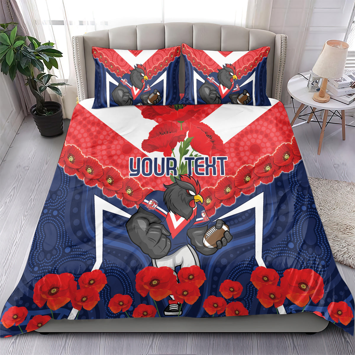 Custom Roosters Rugby ANZAC Bedding Set Sydney Gallipoli Soldier With Aboriginal Art