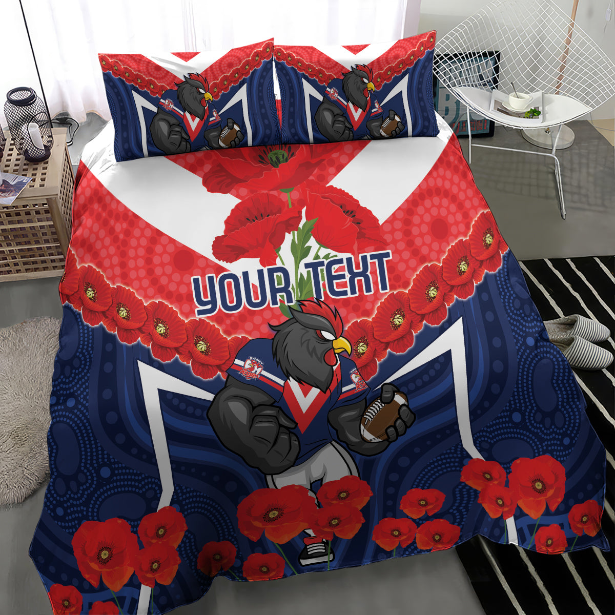 Custom Roosters Rugby ANZAC Bedding Set Sydney Gallipoli Soldier With Aboriginal Art