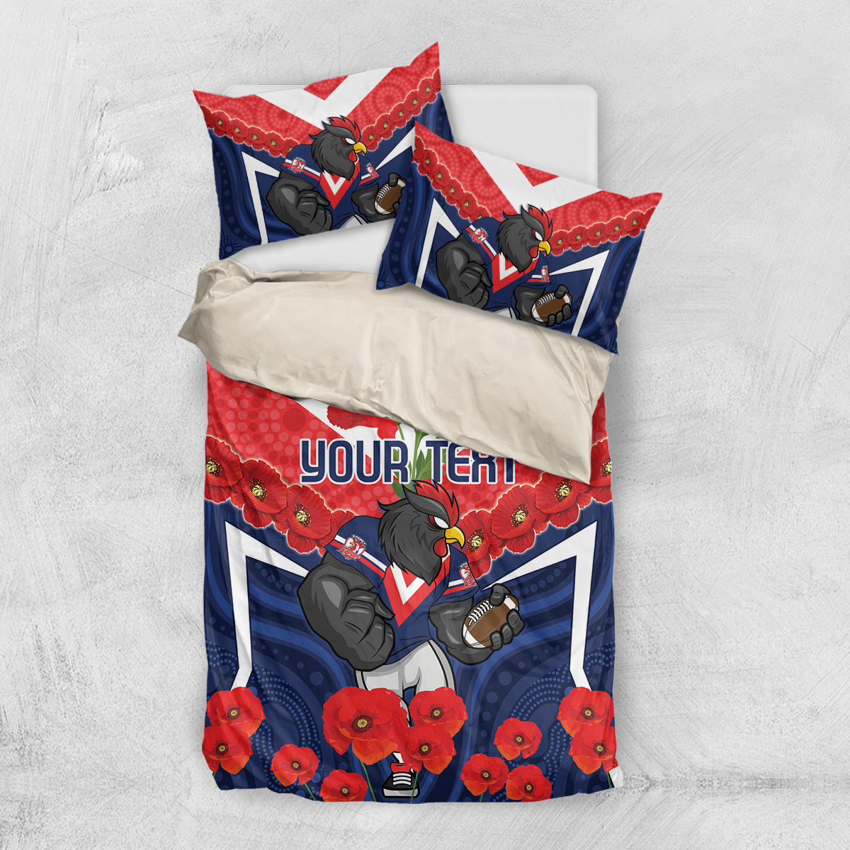 Custom Roosters Rugby ANZAC Bedding Set Sydney Gallipoli Soldier With Aboriginal Art