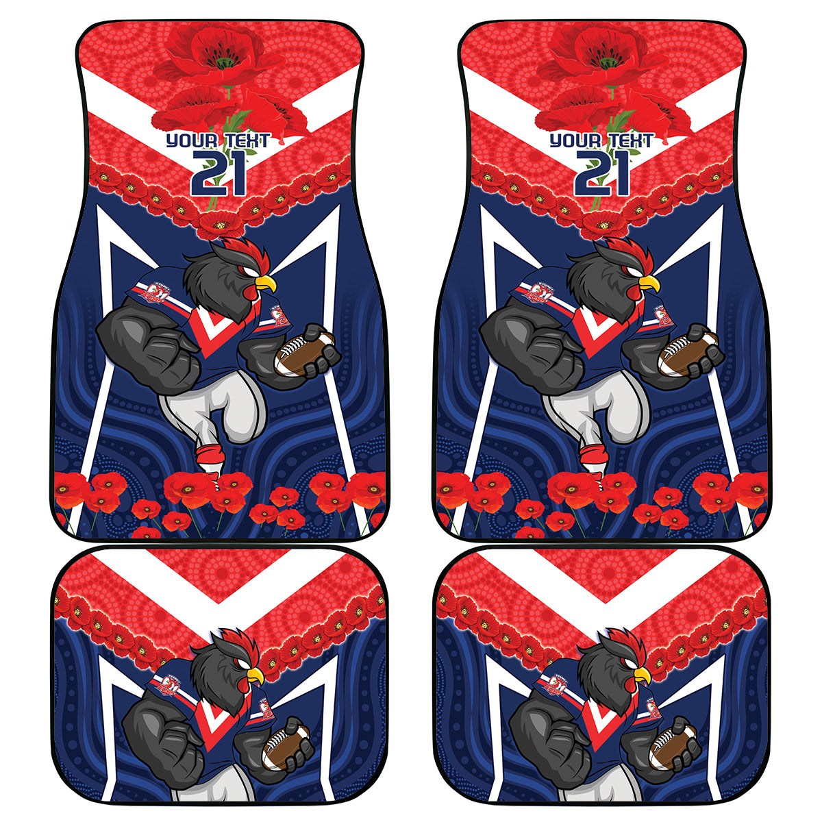 Custom Roosters Rugby ANZAC Car Mats Sydney Gallipoli Soldier With Aboriginal Art