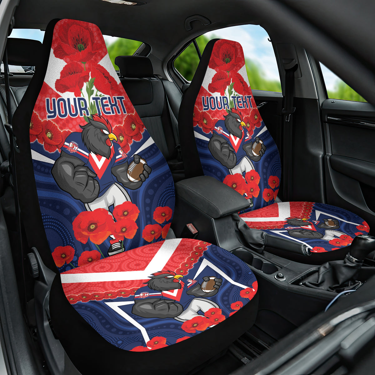 Custom Roosters Rugby ANZAC Car Seat Cover Sydney Gallipoli Soldier With Aboriginal Art