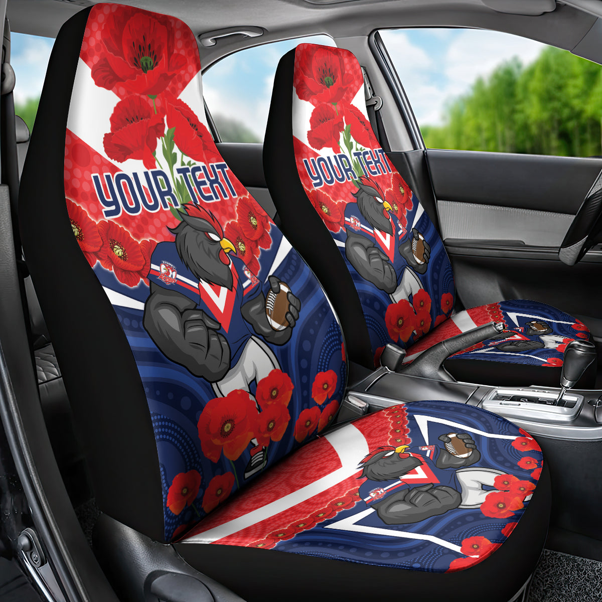 Custom Roosters Rugby ANZAC Car Seat Cover Sydney Gallipoli Soldier With Aboriginal Art