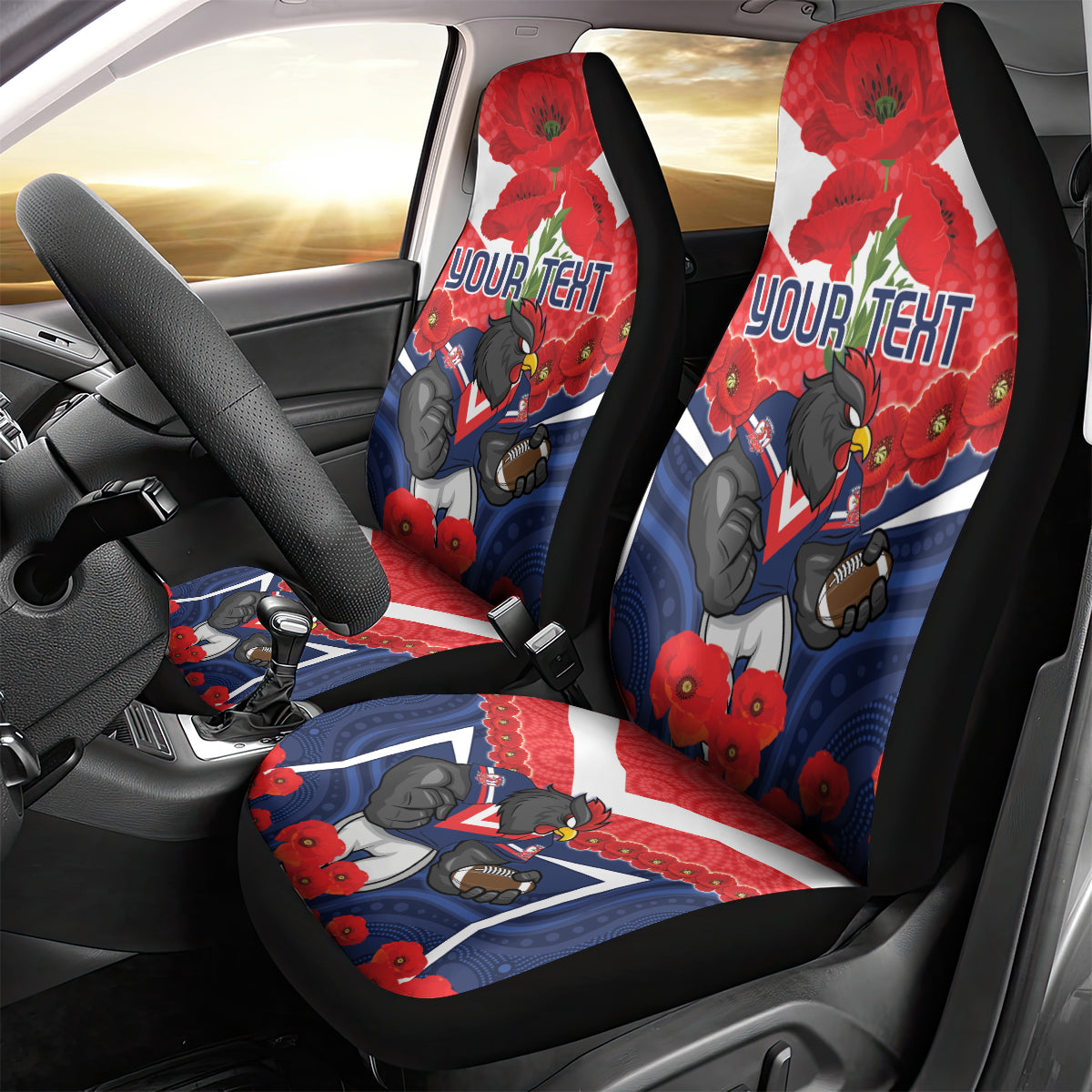 Custom Roosters Rugby ANZAC Car Seat Cover Sydney Gallipoli Soldier With Aboriginal Art