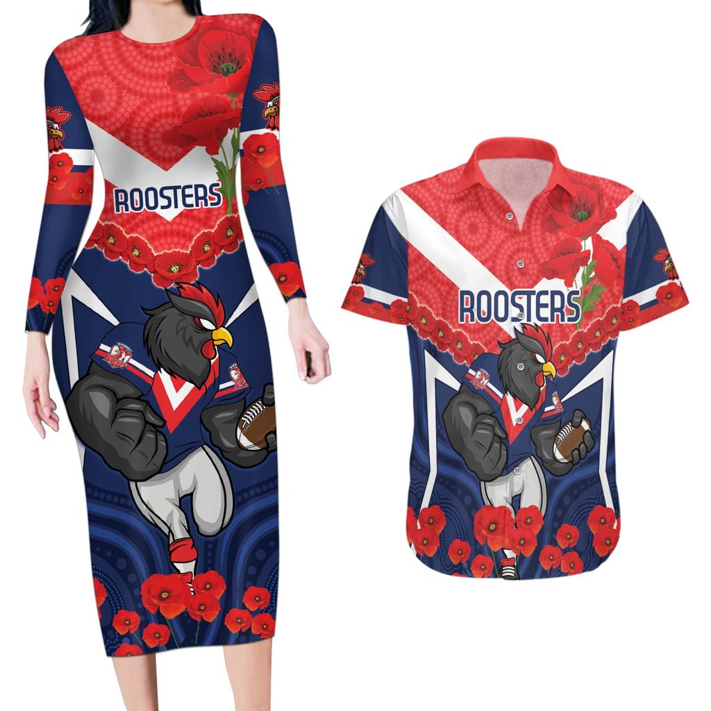 Custom Roosters Rugby ANZAC Couples Matching Long Sleeve Bodycon Dress and Hawaiian Shirt Sydney Gallipoli Soldier With Aboriginal Art