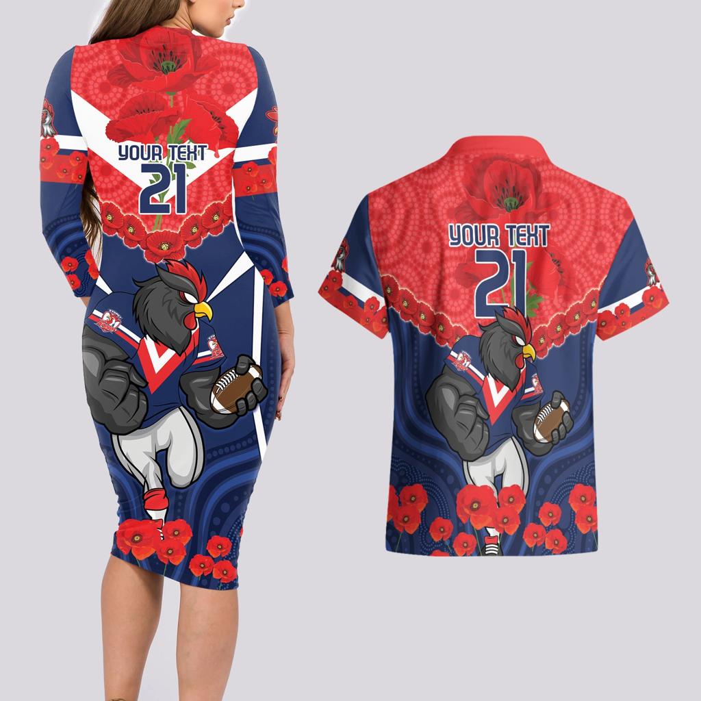 Custom Roosters Rugby ANZAC Couples Matching Long Sleeve Bodycon Dress and Hawaiian Shirt Sydney Gallipoli Soldier With Aboriginal Art