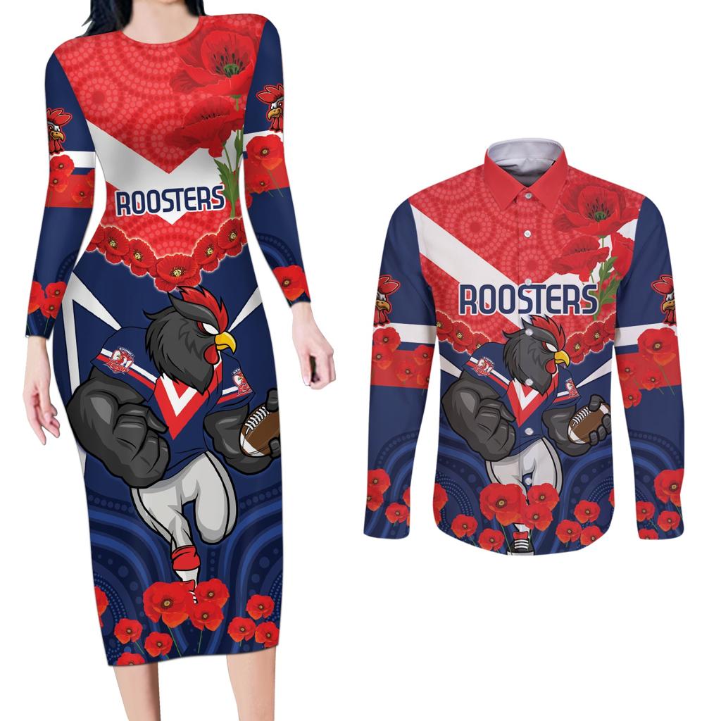 Custom Roosters Rugby ANZAC Couples Matching Long Sleeve Bodycon Dress and Long Sleeve Button Shirt Sydney Gallipoli Soldier With Aboriginal Art