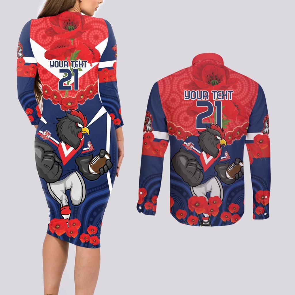 Custom Roosters Rugby ANZAC Couples Matching Long Sleeve Bodycon Dress and Long Sleeve Button Shirt Sydney Gallipoli Soldier With Aboriginal Art