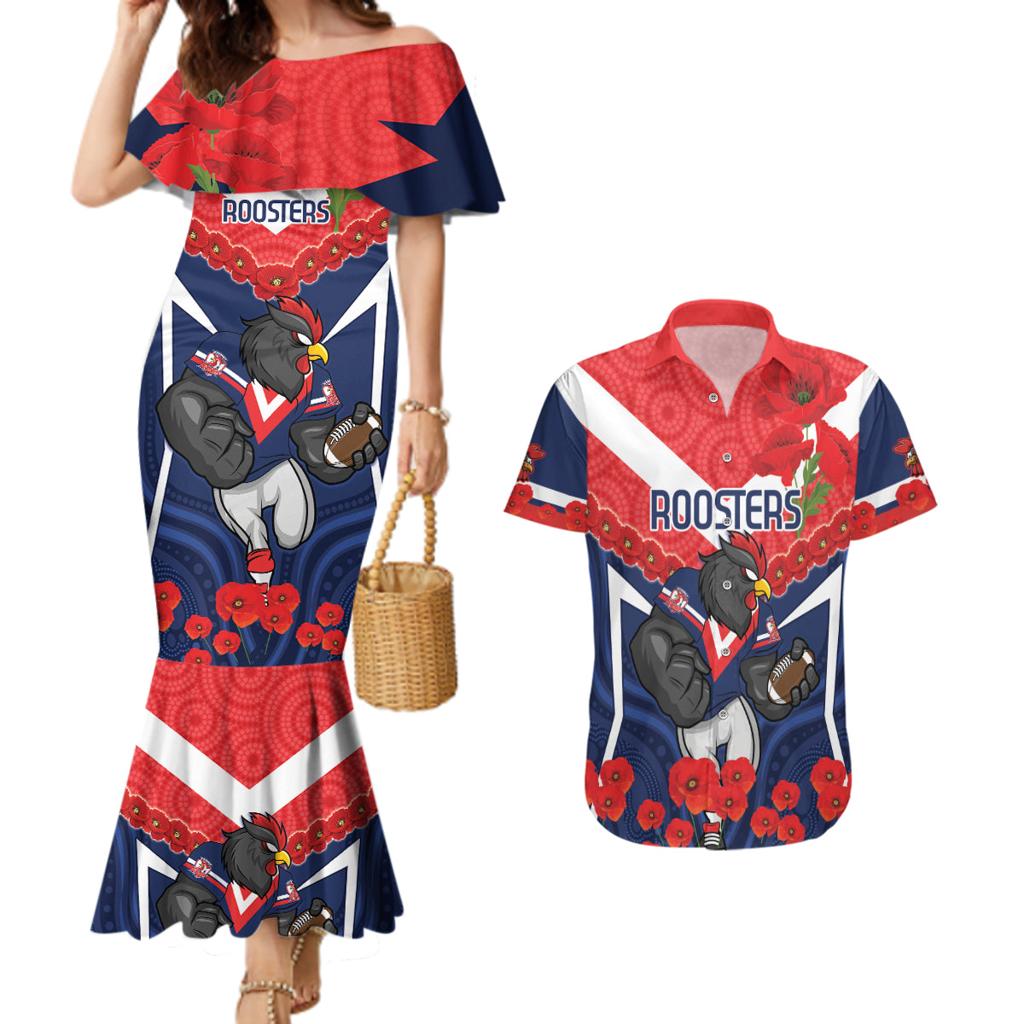 Custom Roosters Rugby ANZAC Couples Matching Mermaid Dress and Hawaiian Shirt Sydney Gallipoli Soldier With Aboriginal Art