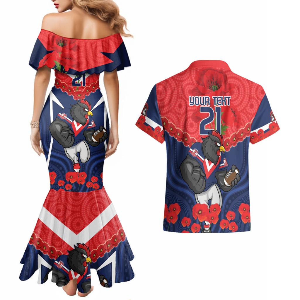 Custom Roosters Rugby ANZAC Couples Matching Mermaid Dress and Hawaiian Shirt Sydney Gallipoli Soldier With Aboriginal Art