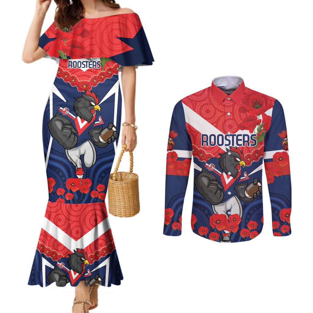 Custom Roosters Rugby ANZAC Couples Matching Mermaid Dress and Long Sleeve Button Shirt Sydney Gallipoli Soldier With Aboriginal Art