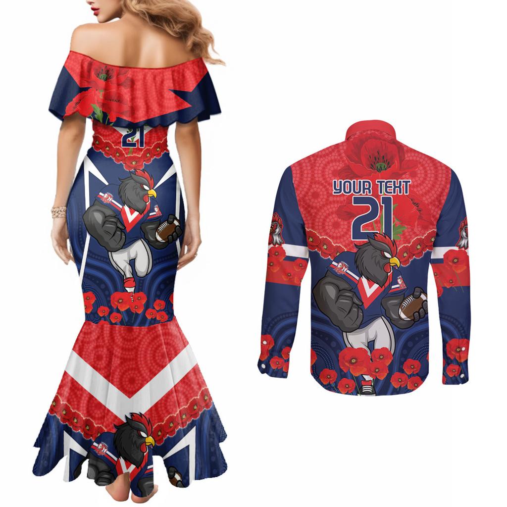 Custom Roosters Rugby ANZAC Couples Matching Mermaid Dress and Long Sleeve Button Shirt Sydney Gallipoli Soldier With Aboriginal Art