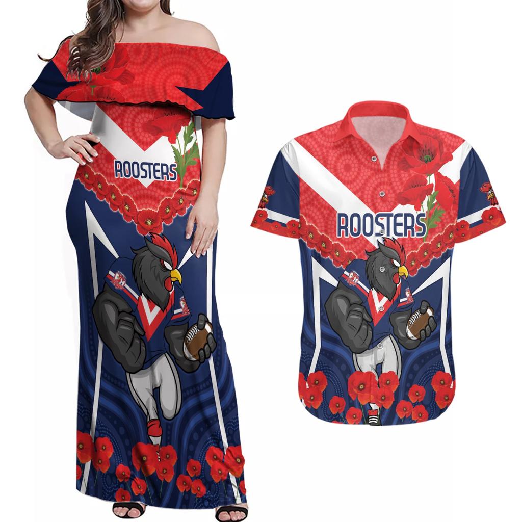 Custom Roosters Rugby ANZAC Couples Matching Off Shoulder Maxi Dress and Hawaiian Shirt Sydney Gallipoli Soldier With Aboriginal Art