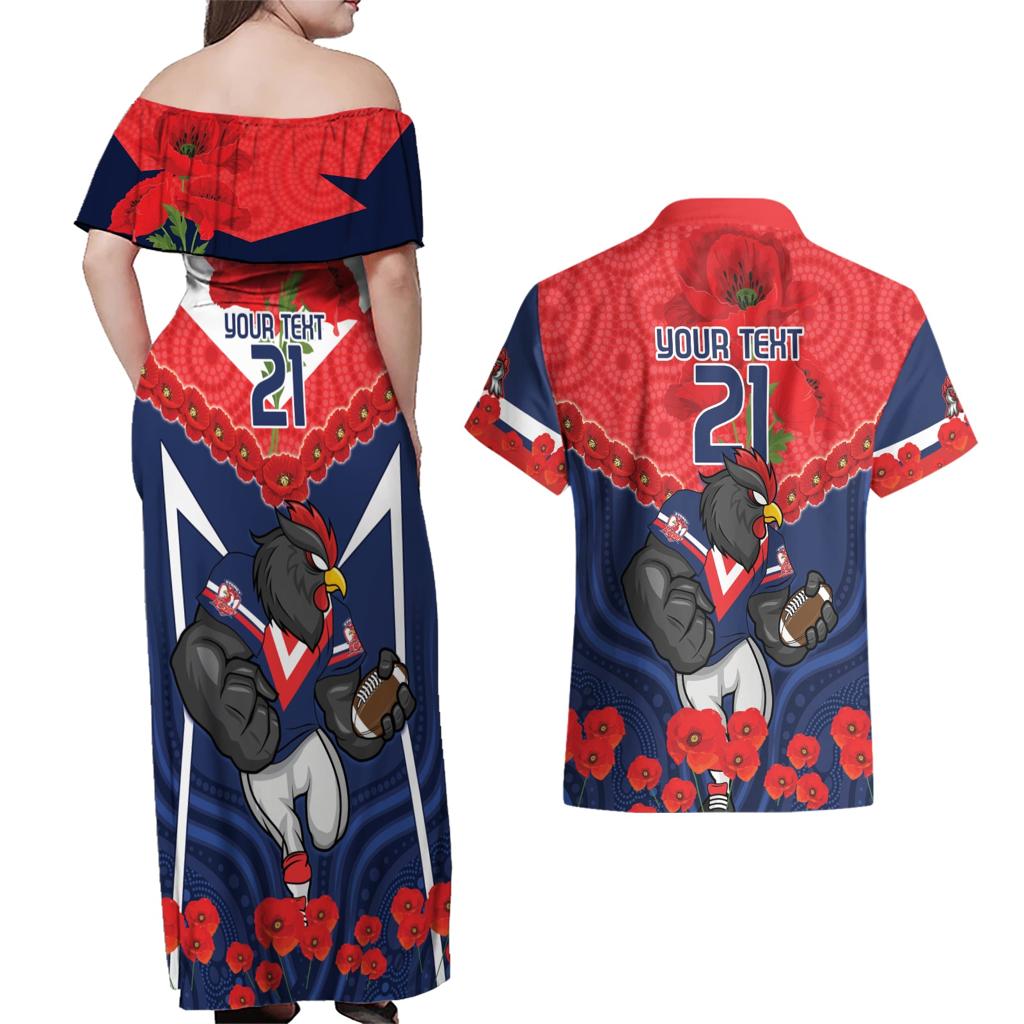 Custom Roosters Rugby ANZAC Couples Matching Off Shoulder Maxi Dress and Hawaiian Shirt Sydney Gallipoli Soldier With Aboriginal Art