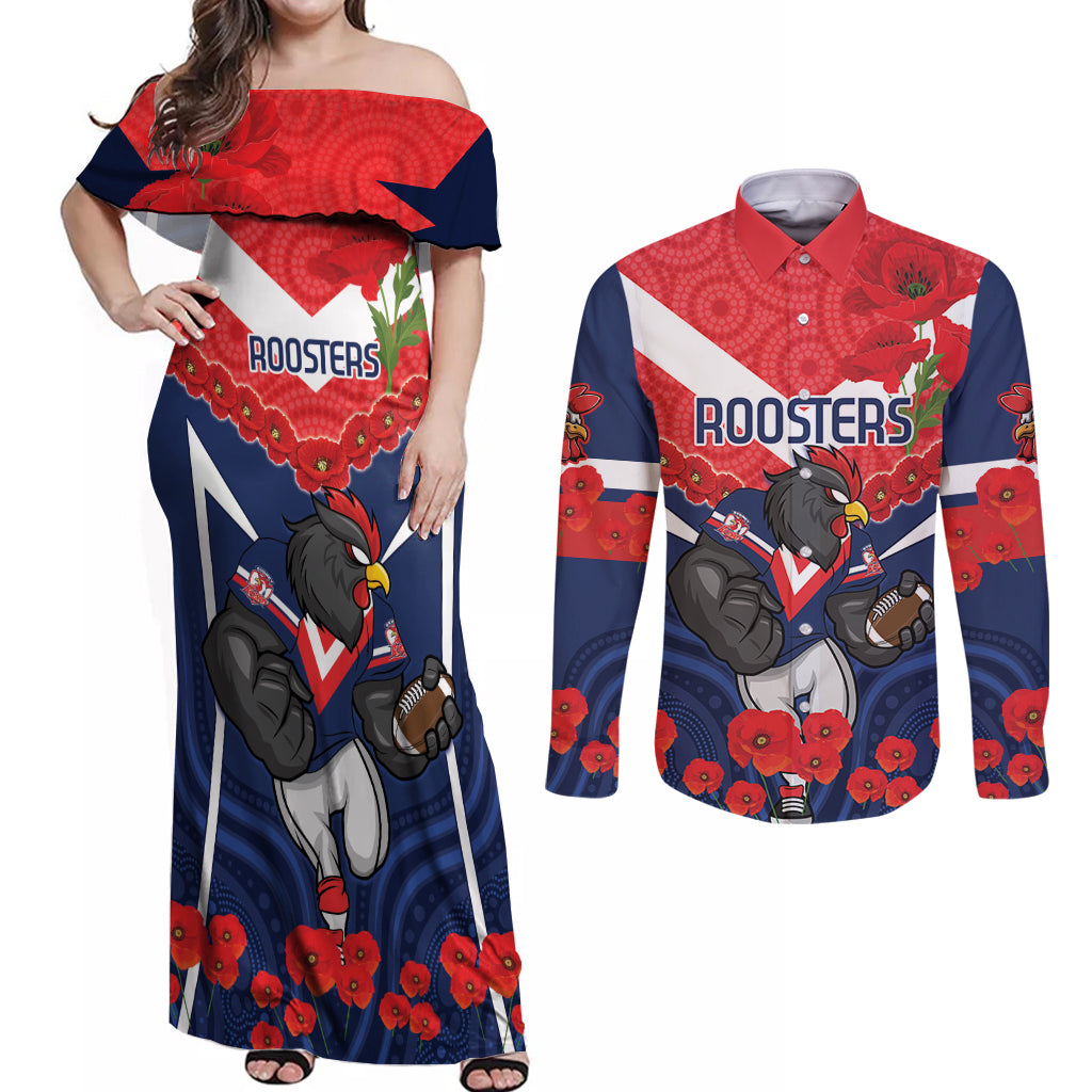 Custom Roosters Rugby ANZAC Couples Matching Off Shoulder Maxi Dress and Long Sleeve Button Shirt Sydney Gallipoli Soldier With Aboriginal Art