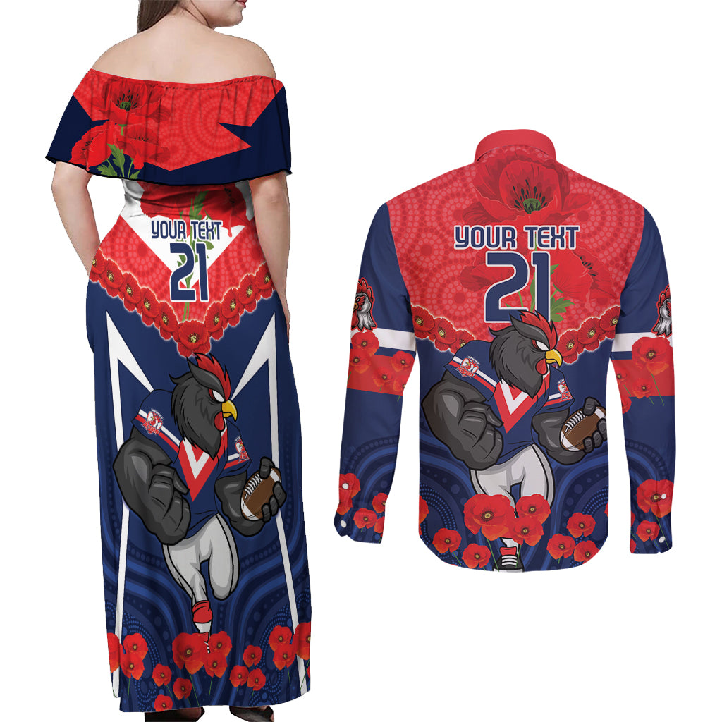 Custom Roosters Rugby ANZAC Couples Matching Off Shoulder Maxi Dress and Long Sleeve Button Shirt Sydney Gallipoli Soldier With Aboriginal Art