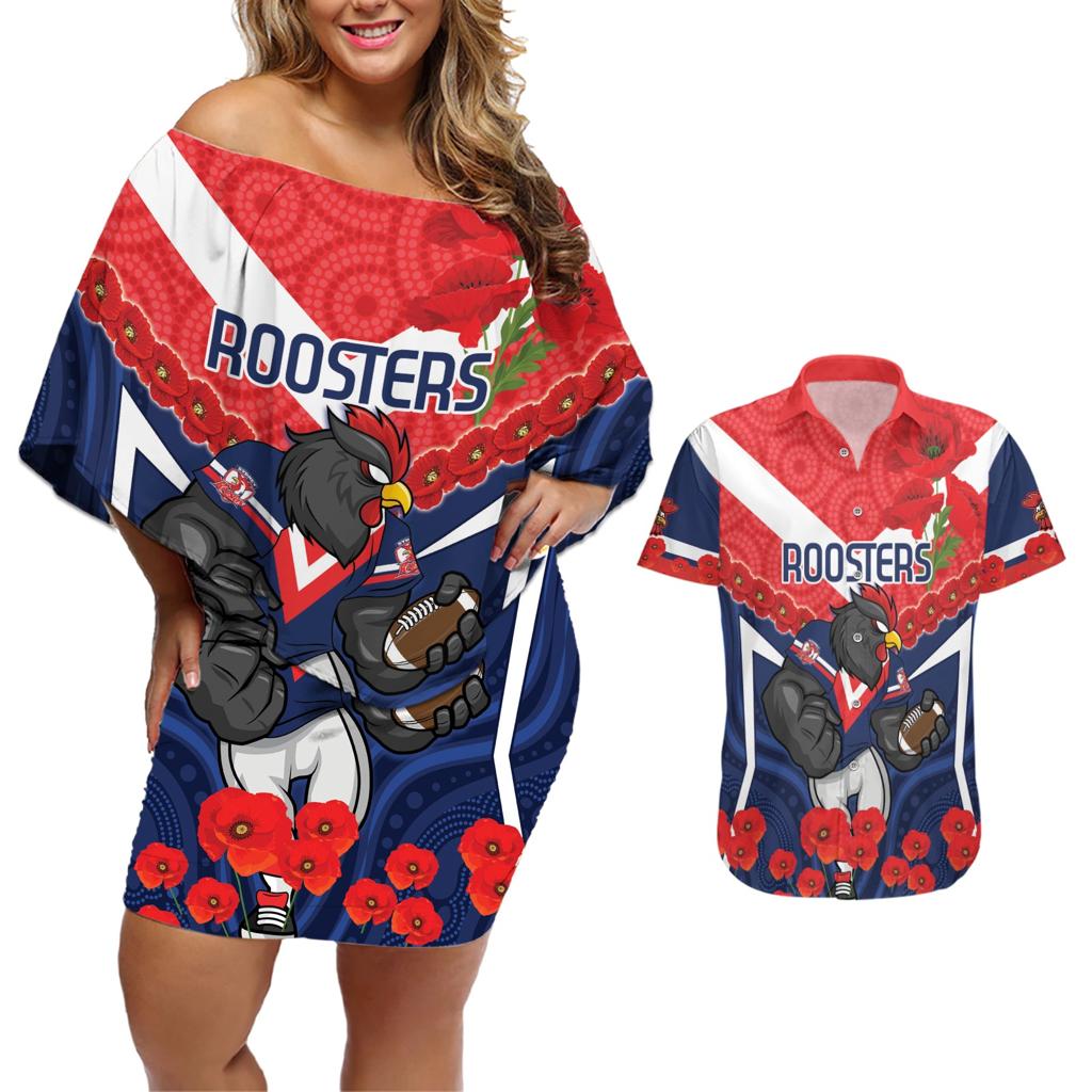 Custom Roosters Rugby ANZAC Couples Matching Off Shoulder Short Dress and Hawaiian Shirt Sydney Gallipoli Soldier With Aboriginal Art