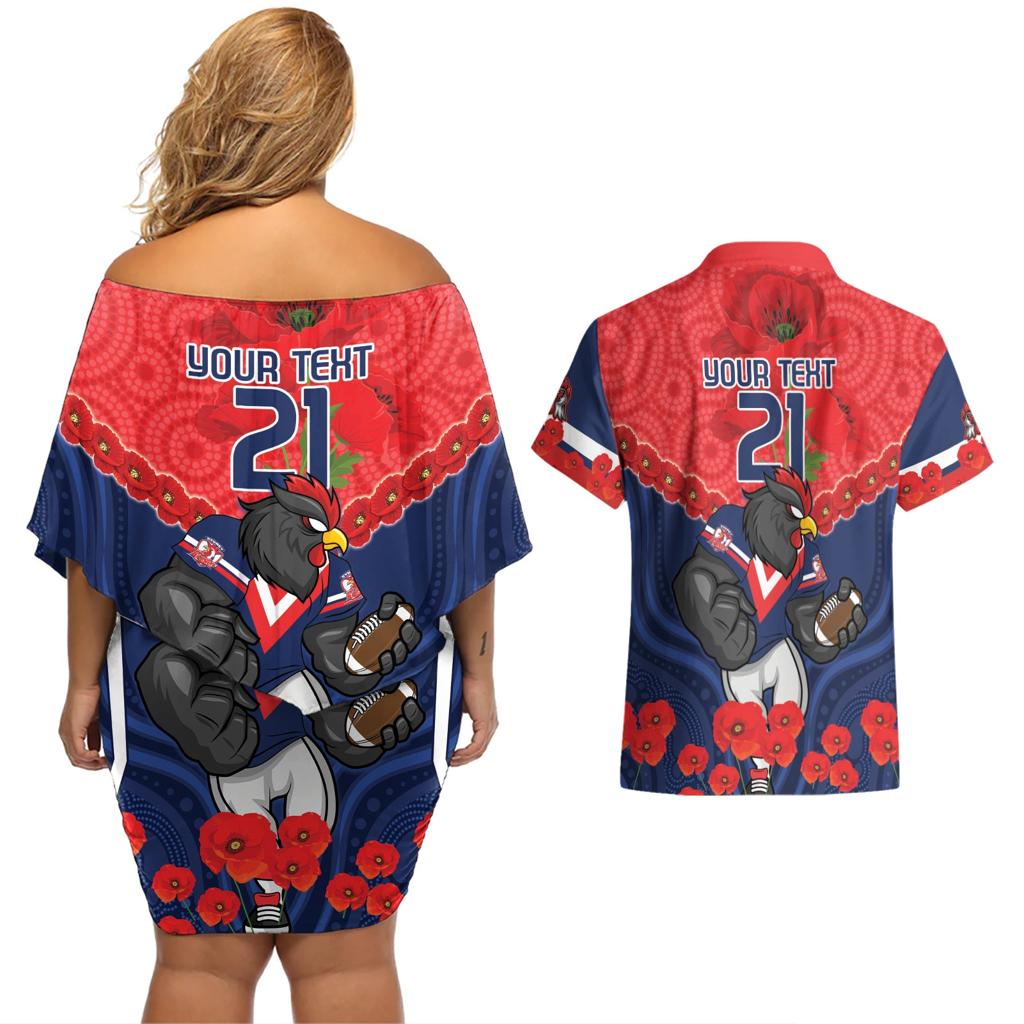 Custom Roosters Rugby ANZAC Couples Matching Off Shoulder Short Dress and Hawaiian Shirt Sydney Gallipoli Soldier With Aboriginal Art