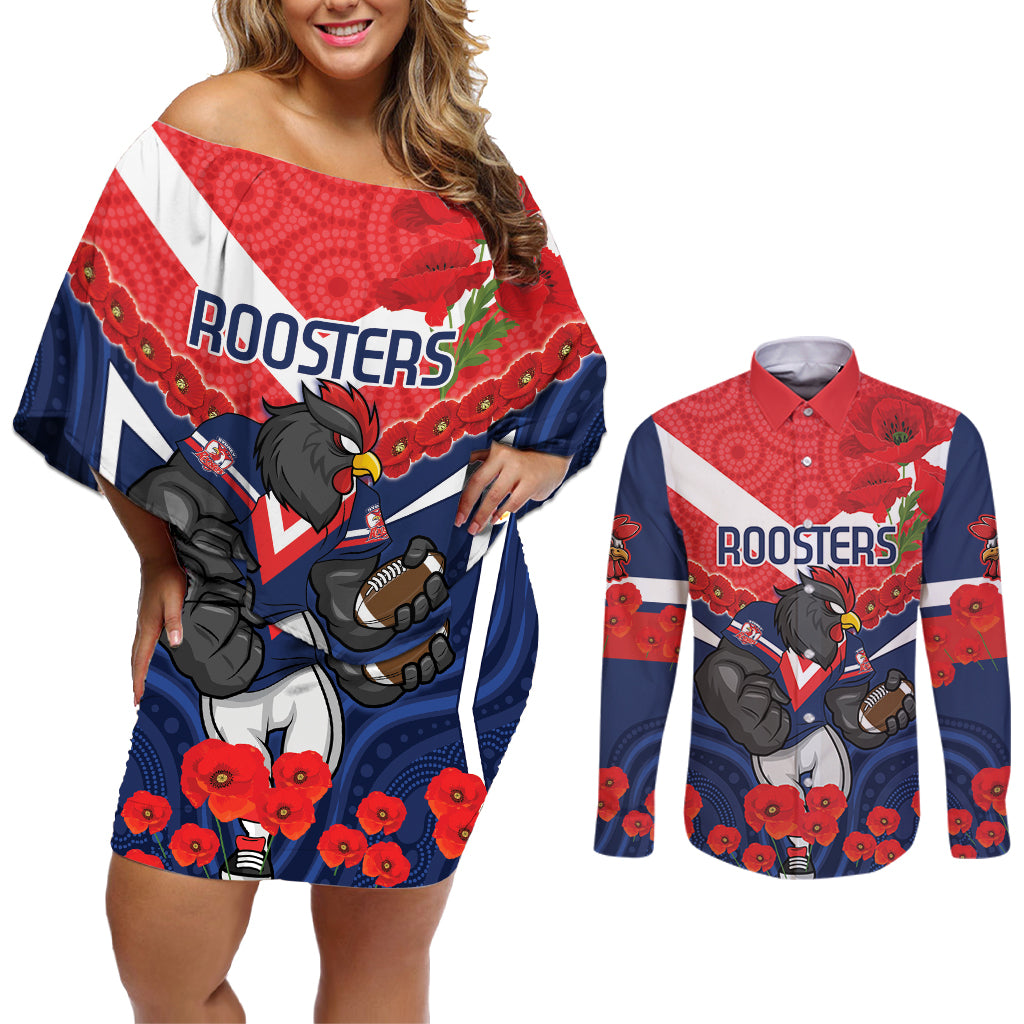 Custom Roosters Rugby ANZAC Couples Matching Off Shoulder Short Dress and Long Sleeve Button Shirt Sydney Gallipoli Soldier With Aboriginal Art