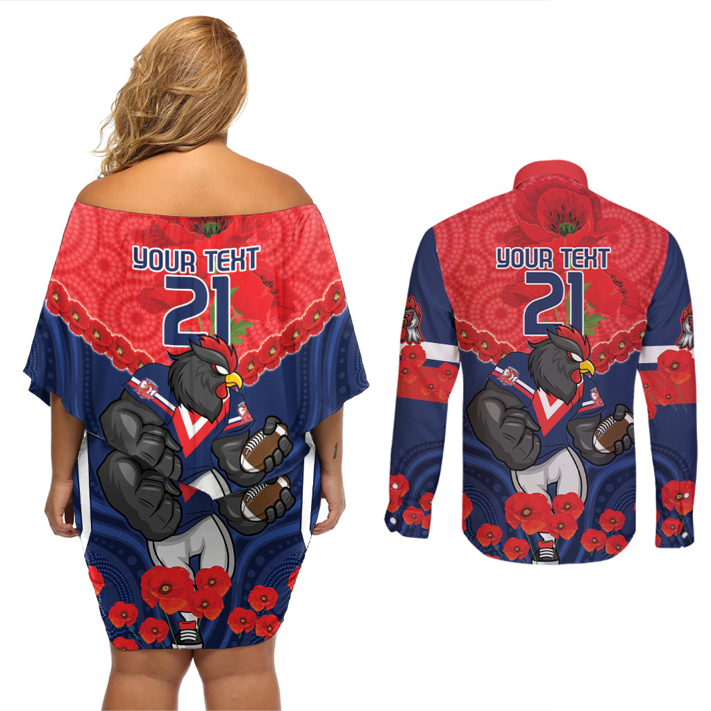 Custom Roosters Rugby ANZAC Couples Matching Off Shoulder Short Dress and Long Sleeve Button Shirt Sydney Gallipoli Soldier With Aboriginal Art