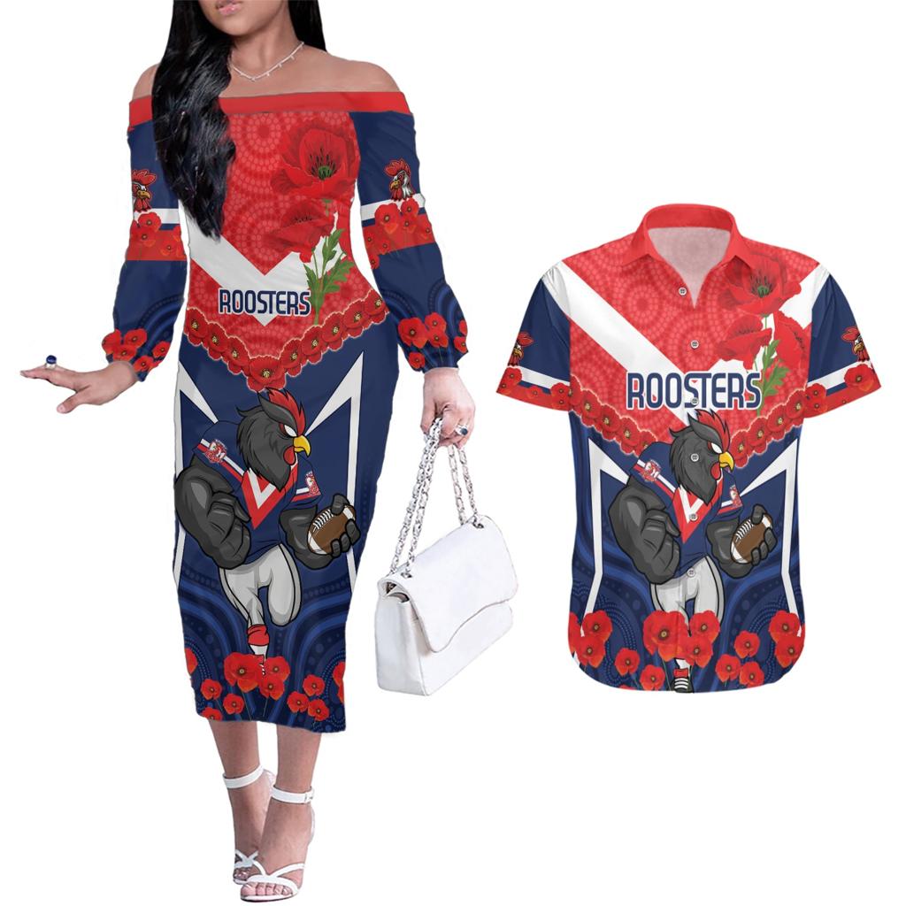 Custom Roosters Rugby ANZAC Couples Matching Off The Shoulder Long Sleeve Dress and Hawaiian Shirt Sydney Gallipoli Soldier With Aboriginal Art