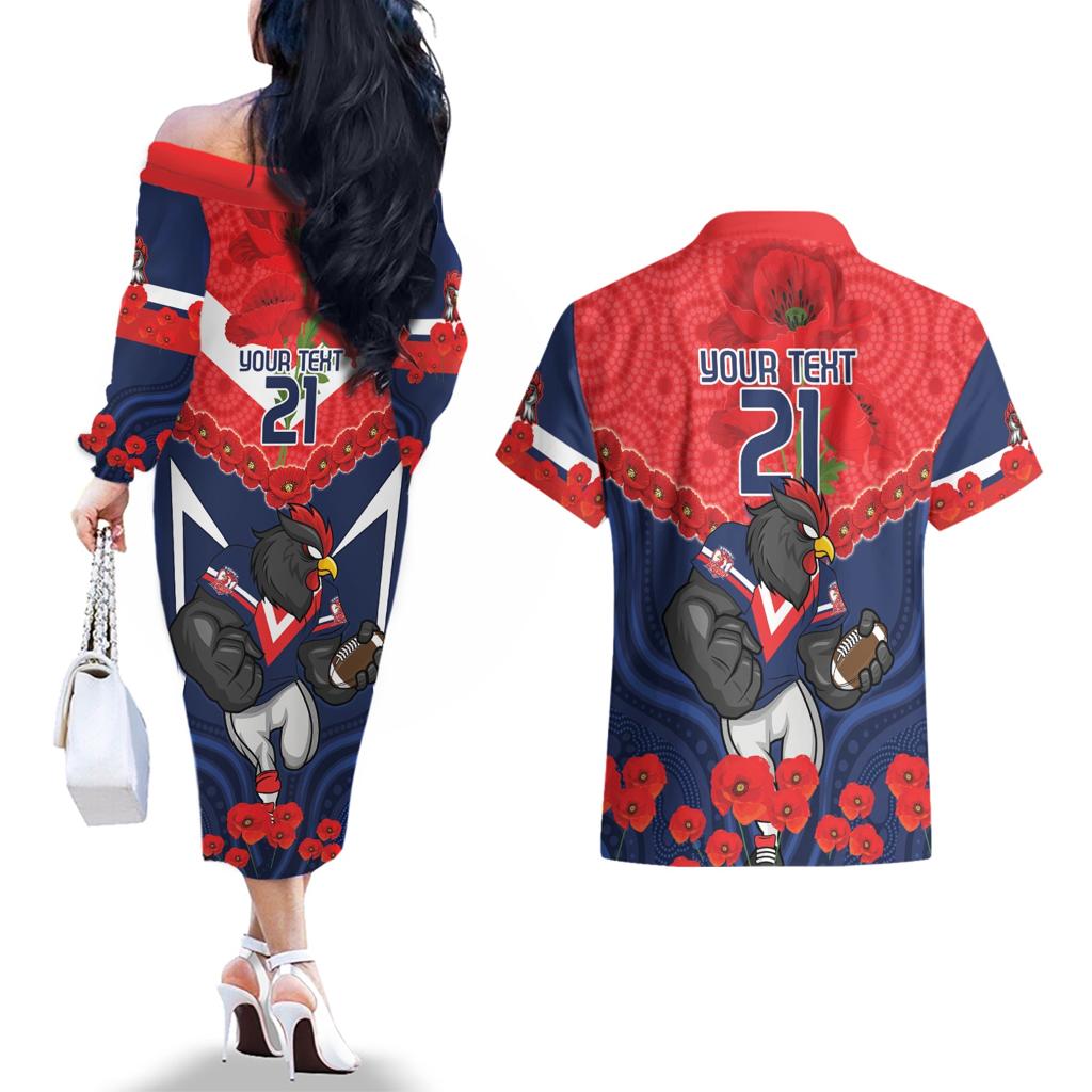 Custom Roosters Rugby ANZAC Couples Matching Off The Shoulder Long Sleeve Dress and Hawaiian Shirt Sydney Gallipoli Soldier With Aboriginal Art