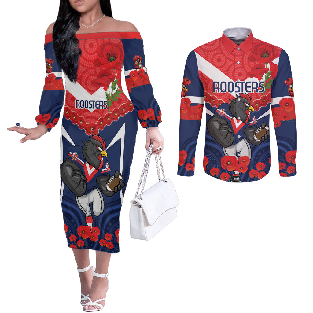 Custom Roosters Rugby ANZAC Couples Matching Off The Shoulder Long Sleeve Dress and Long Sleeve Button Shirt Sydney Gallipoli Soldier With Aboriginal Art