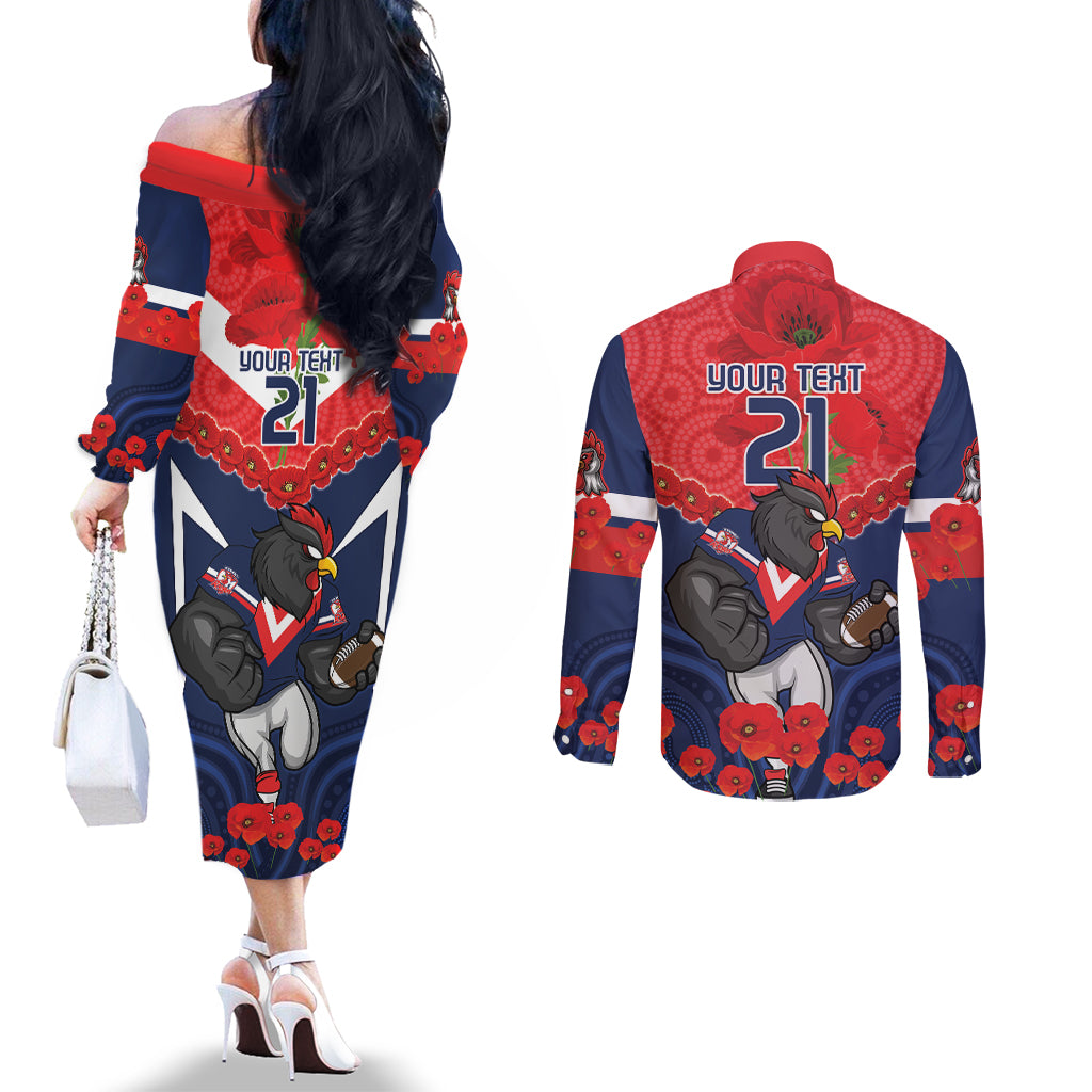 Custom Roosters Rugby ANZAC Couples Matching Off The Shoulder Long Sleeve Dress and Long Sleeve Button Shirt Sydney Gallipoli Soldier With Aboriginal Art