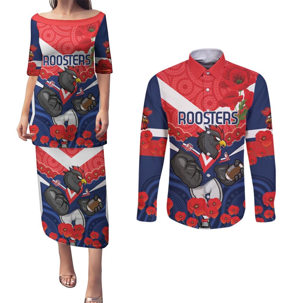 Custom Roosters Rugby ANZAC Couples Matching Puletasi and Long Sleeve Button Shirt Sydney Gallipoli Soldier With Aboriginal Art