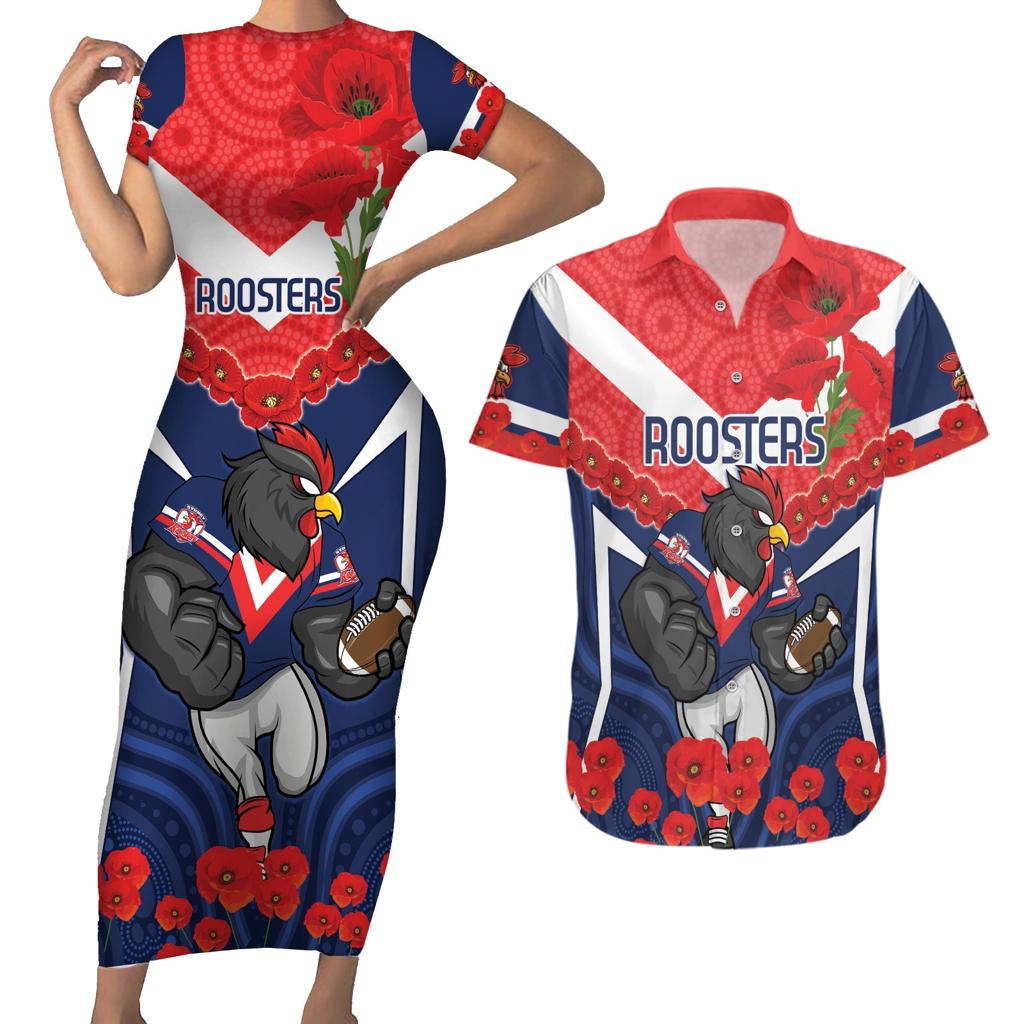 Custom Roosters Rugby ANZAC Couples Matching Short Sleeve Bodycon Dress and Hawaiian Shirt Sydney Gallipoli Soldier With Aboriginal Art