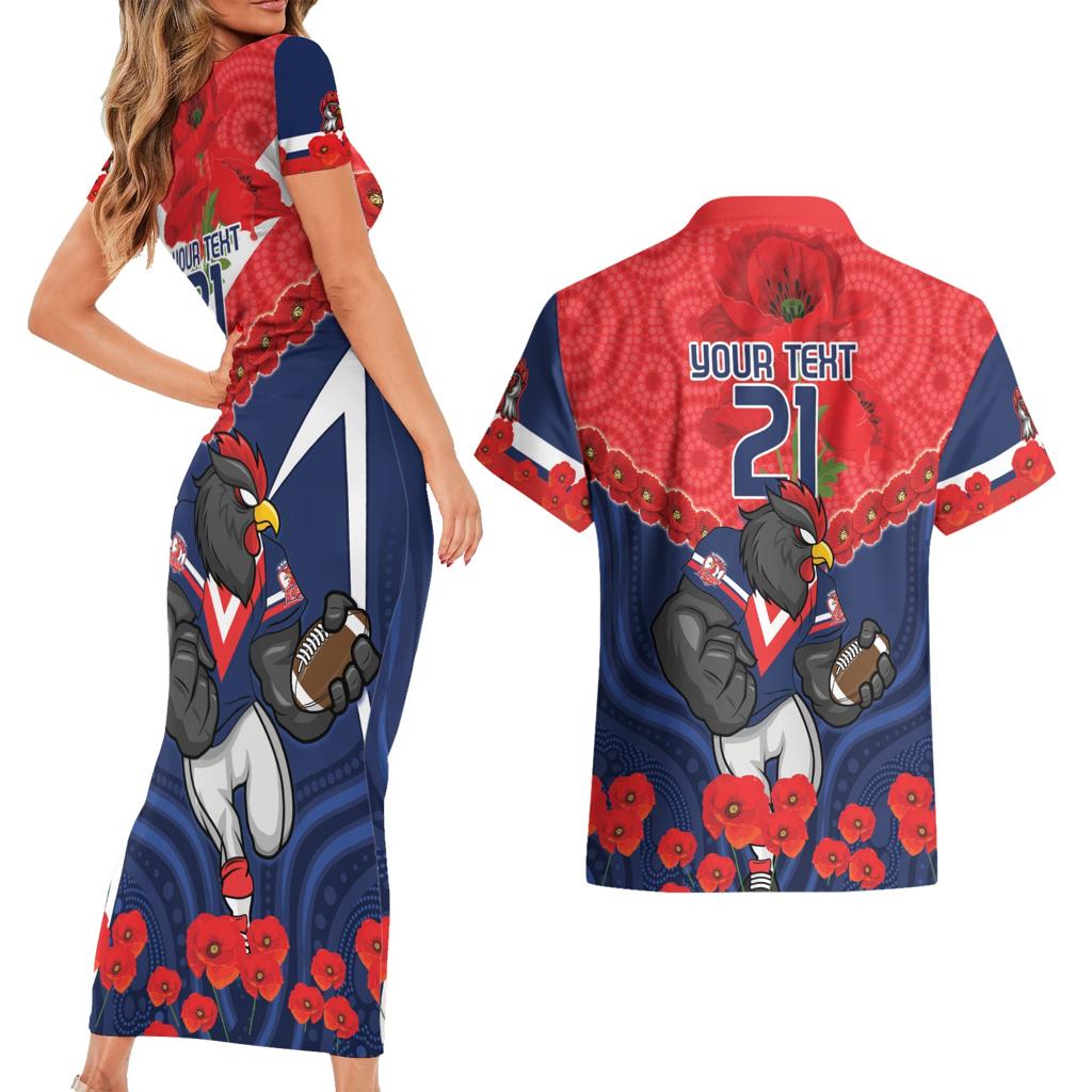 Custom Roosters Rugby ANZAC Couples Matching Short Sleeve Bodycon Dress and Hawaiian Shirt Sydney Gallipoli Soldier With Aboriginal Art