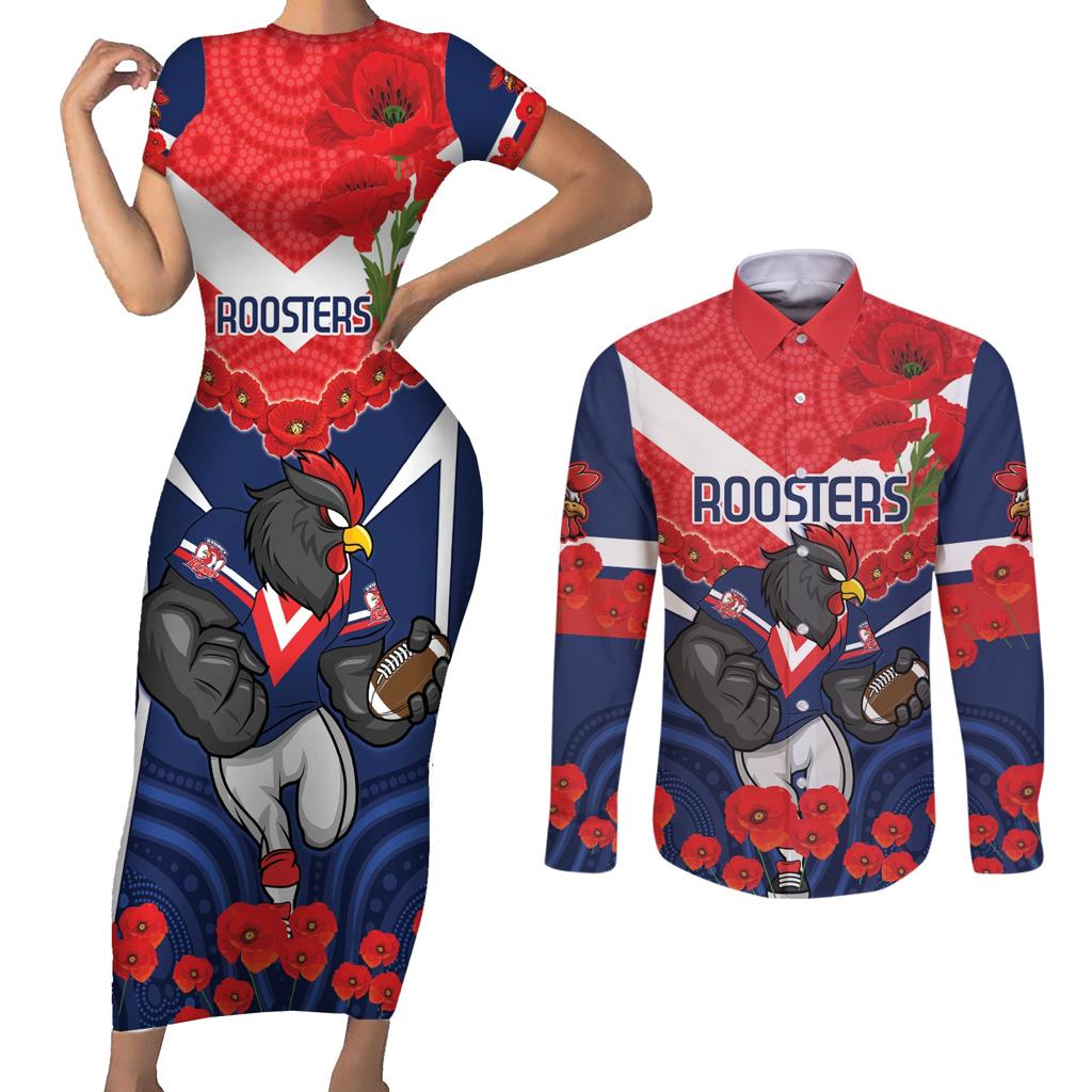 Custom Roosters Rugby ANZAC Couples Matching Short Sleeve Bodycon Dress and Long Sleeve Button Shirt Sydney Gallipoli Soldier With Aboriginal Art