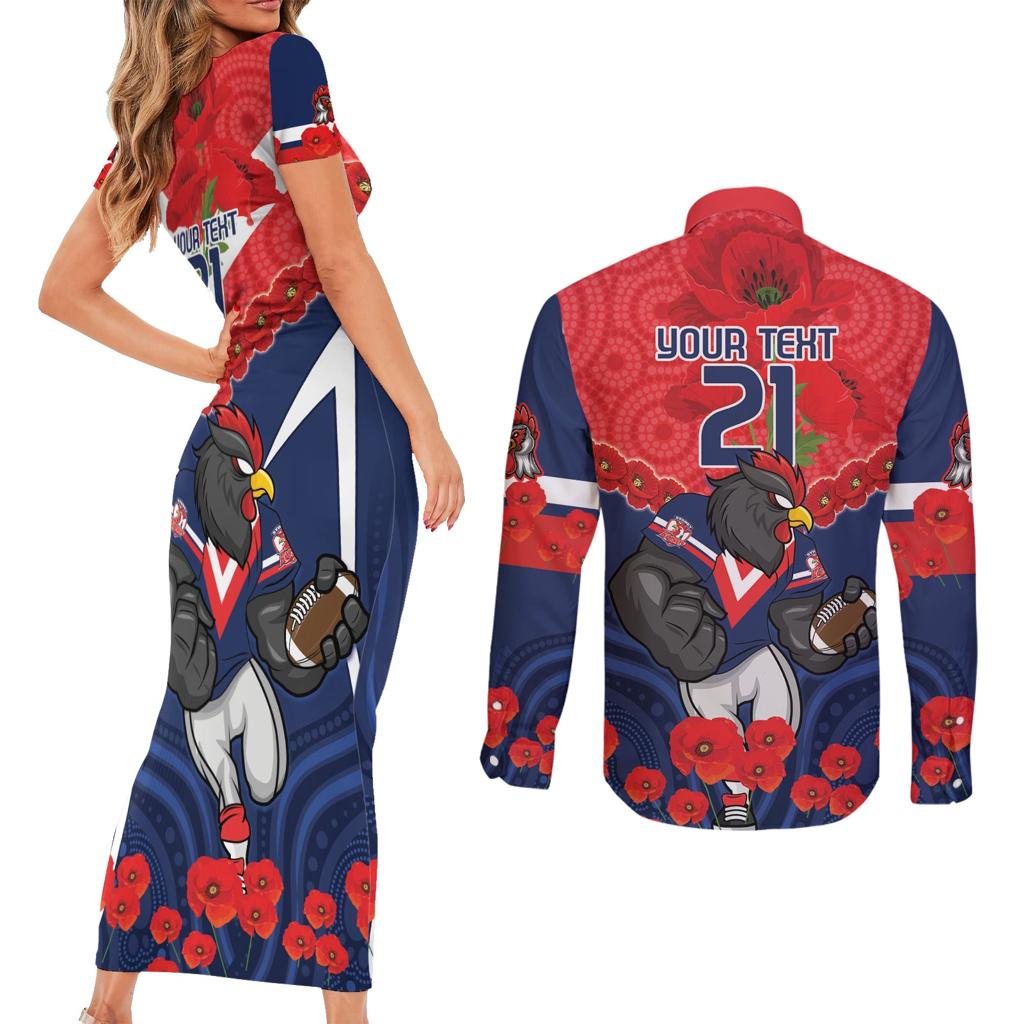 Custom Roosters Rugby ANZAC Couples Matching Short Sleeve Bodycon Dress and Long Sleeve Button Shirt Sydney Gallipoli Soldier With Aboriginal Art