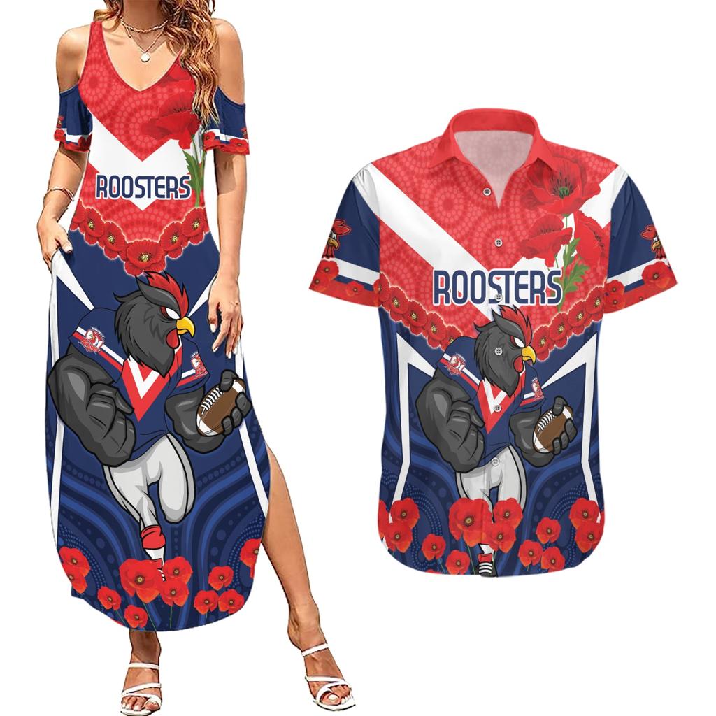 Custom Roosters Rugby ANZAC Couples Matching Summer Maxi Dress and Hawaiian Shirt Sydney Gallipoli Soldier With Aboriginal Art